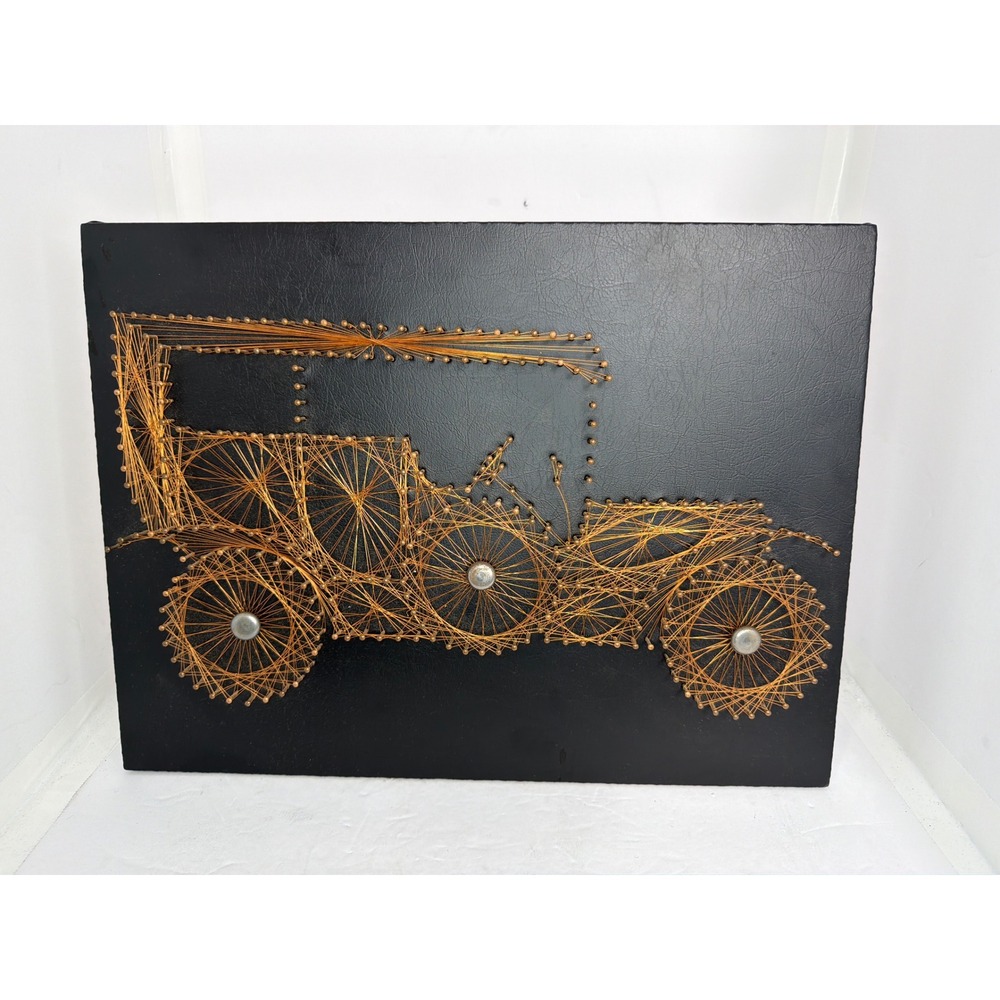 Vintage 70s String Art Antique Car Wall Decor Mid Century Modern Model T 16x12